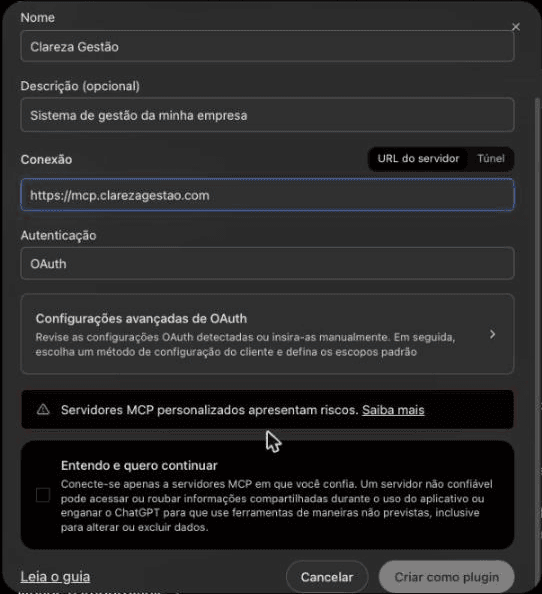 Final do formulário do ChatGPT, com a caixa "Entendo e quero continuar" e o botão "Criar como plugin"