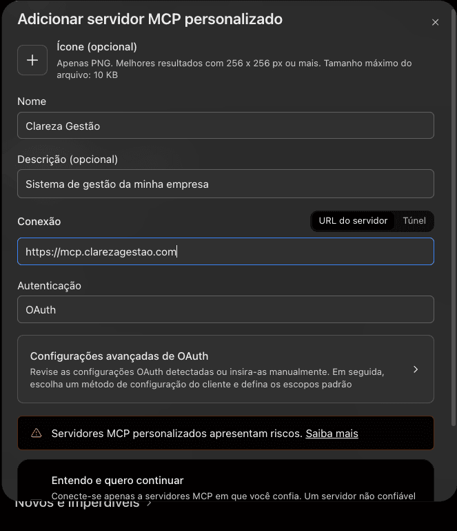 Formulário do ChatGPT para adicionar servidor personalizado, com os campos Nome, Descrição, Conexão e Autenticação