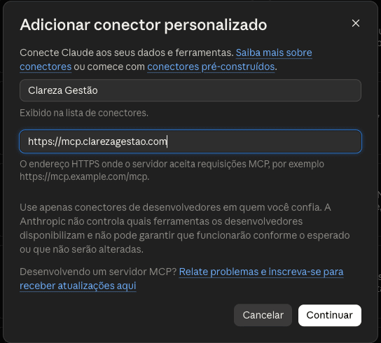 Janela do Claude "Adicionar conector personalizado", com os campos Nome e URL do servidor MCP